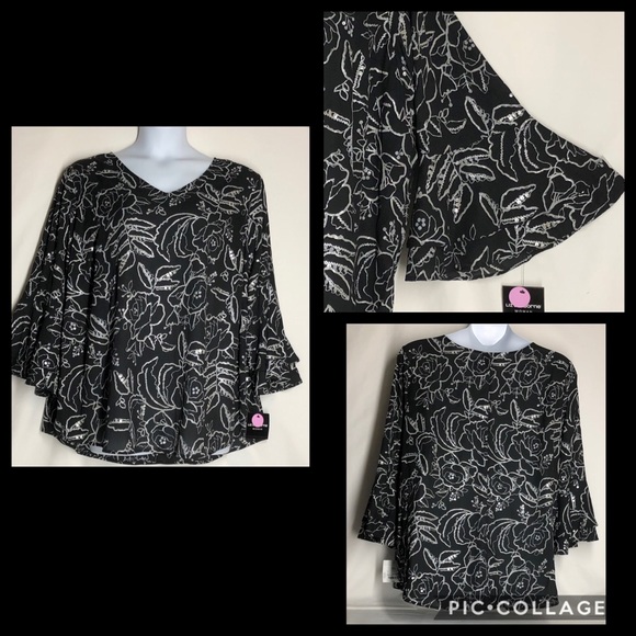 Liz Claiborne Tops - 🏆HP🏆Liz Claiborne Black Top w/silver Floral 3X